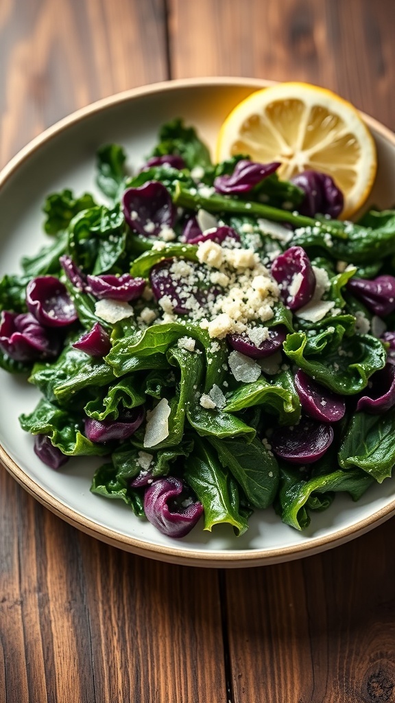 Sautéed kale flower with garlic and Parmesan cheese on a rustic wooden table.